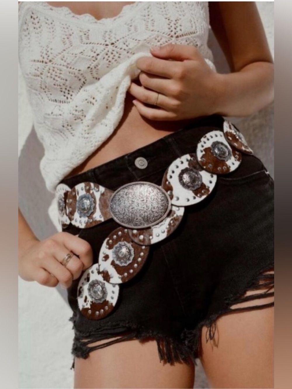 (H) Zara cow-print leather belt, size 32(1)-34(1) (shell style) New without tags - Picture 2 of 13